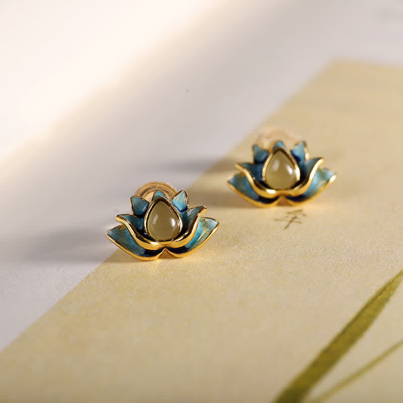 Buddha Stones 925 Sterling Silver Hetian Cyan Jade Lotus Flower Success Earrings