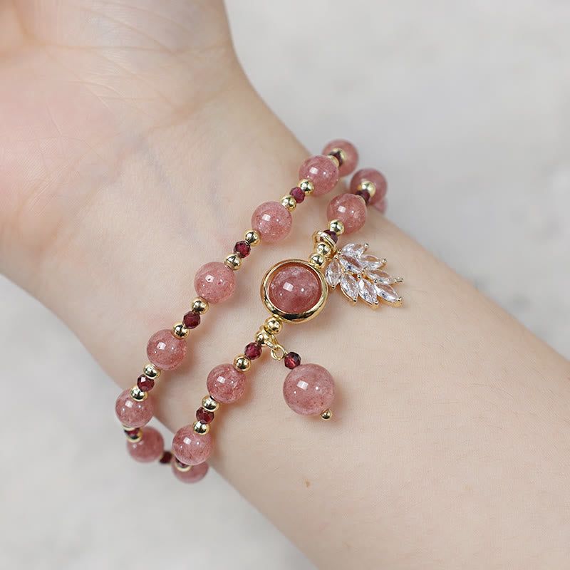 Buddha Stones Natural Strawberry Quartz Love Healing Maple Leaf Charm Double Wrap Bracelet