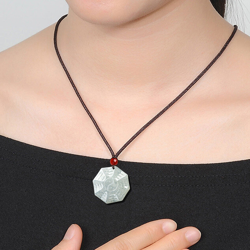 Buddha Stones Natural Jade Bagua Yin Yang Luck Necklace Pendant