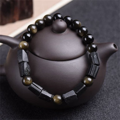 Buddha Stones Gold Sheen Obsidian Black Tourmaline Wealth Bracelet