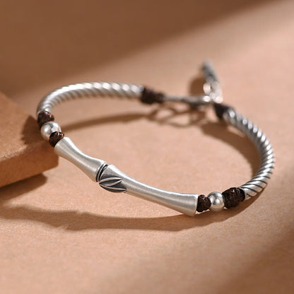 Buddha Stones 999 Sterling Silver Bamboo Pattern Cicada Luck Wealth Bracelet