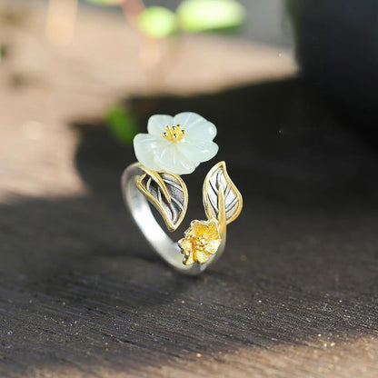 Buddha Stones 925 Silver Plated Copper White Jade Plum Flower Leaf Luck Ring