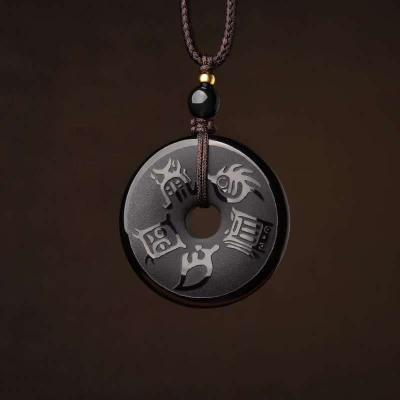 Buddha Stones Black Obsidian Taoism Five Sacred Mountains Carved Strength Peace Buckle Necklace Pendant Key Chain Phone Hanging Decoration