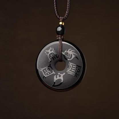 Buddha Stones Black Obsidian Taoism Five Sacred Mountains Carved Strength Peace Buckle Necklace Pendant Key Chain Phone Hanging Decoration