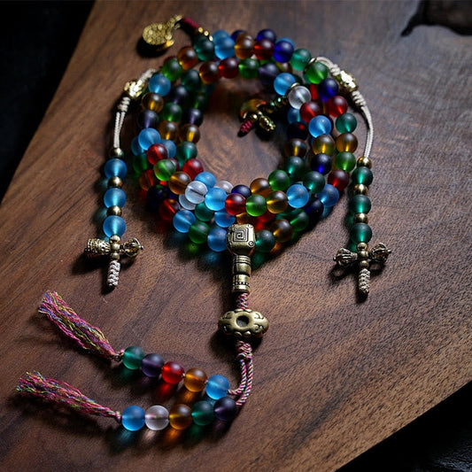 Buddha Stones Tibetan 108 Mala Beads Multicolored Liuli Glass Bead Chinese Zodiac Nine Palaces Eight Diagrams Charm Bracelet