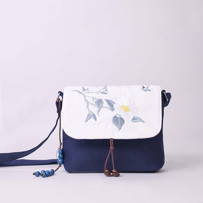 Buddha Stones Embroidered Camellia Epiphyllum Gardenia Sakura Flowers Crossbody Bag Shoulder Bag Cellphone Bag