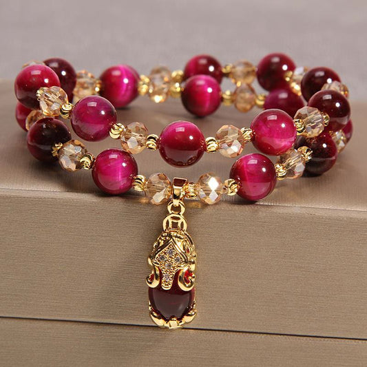 Buddha Stones Tiger Eye Pixiu Fox Money Bag Protection Self Confidence Double Wrap Bracelet