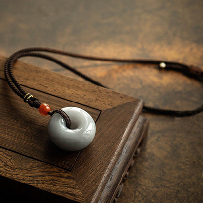 Buddha Stones Natural Round Jade Gray Jade Peace Buckle Luck Necklace Pendant