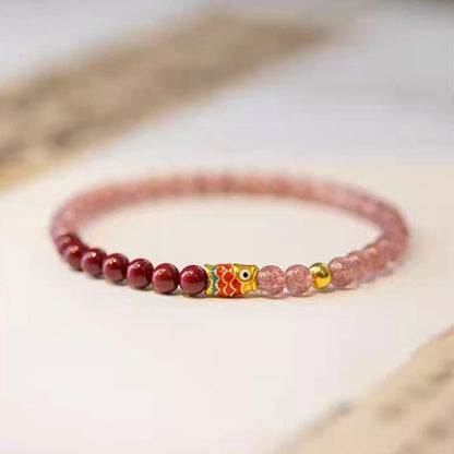 Buddha Stones Natural Strawberry Quartz Cinnabar Lucky Koi Fish Healing Bracelet