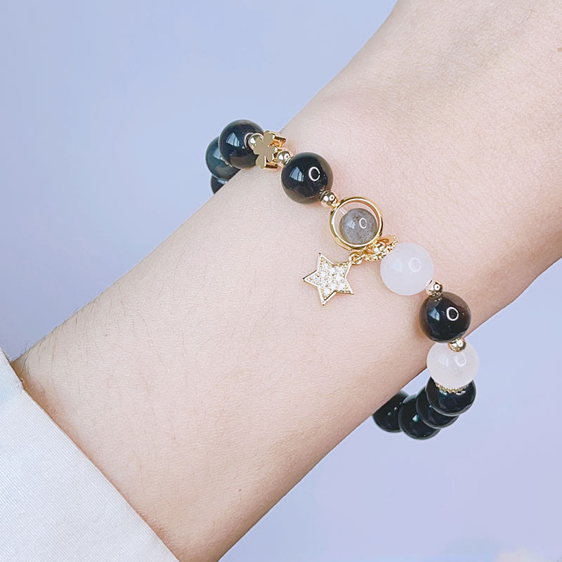 Buddha Stones Natural Silver Sheen Obsidian Love Heart Star Flower Protection Bracelet (Extra 30% Off | USE CODE: FS30)