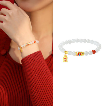 Buddha Stones 925 Sterling Silver Hetian White Jade Red Agate Koi Fish Luck Happiness Bracelet