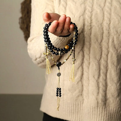 Buddha Stones Tibetan 108 Mala Beads Black Onyx Three-eyed Dzi Beads Protection Bracelet