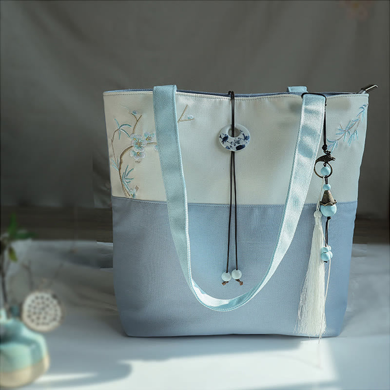 Buddha Stones Pear Flower Plum Peach Blossom Bamboo Embroidery Canvas Large Capacity Shoulder Bag Tote Bag