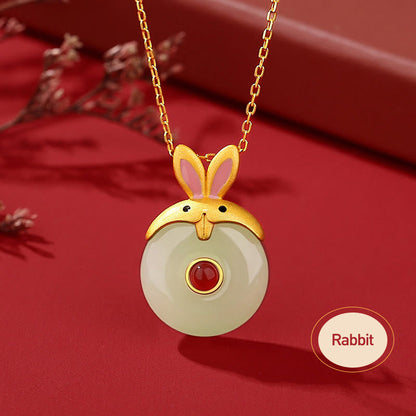 Buddha Stones 925 Sterling Silver Hetian Jade Chinese Zodiac Year of the Dragon Red Agate Luck Protection Necklace Pendant