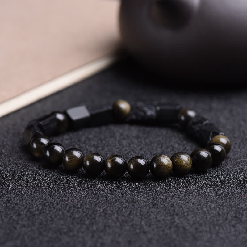 Buddha Stones Gold Sheen Obsidian Black Tourmaline Wealth Bracelet