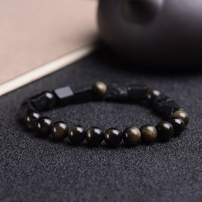 Buddha Stones Gold Sheen Obsidian Black Tourmaline Wealth Bracelet