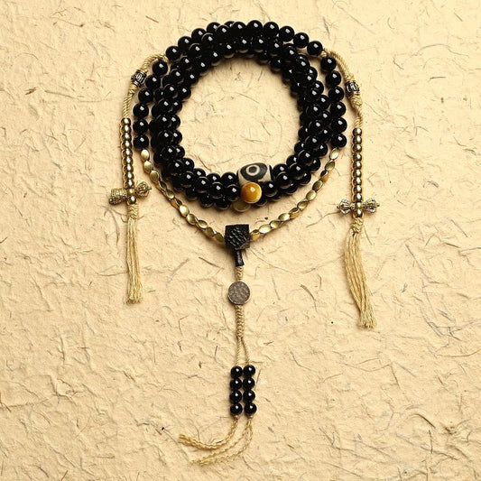 Buddha Stones Tibetan 108 Mala Beads Black Onyx Three-eyed Dzi Beads Protection Bracelet