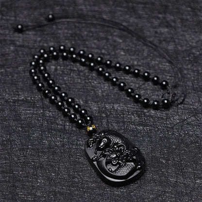 Buddha Stones Natural Black Obsidian Koi Fish Lotus Strength Beaded Necklace Pendant