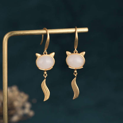 Buddha Stones FengShui White Jade Fox Fortune Earrings