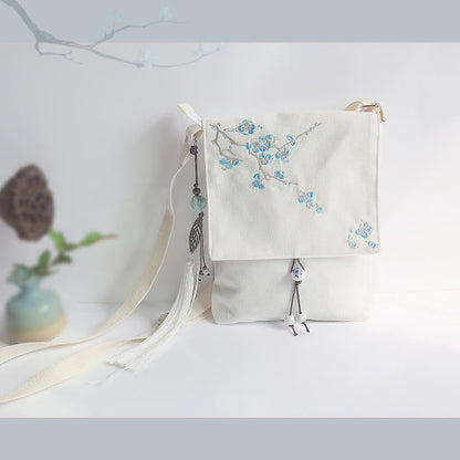 Buddha Stones Handmade Embroidered Plum Flowers Canvas Crossbody Bag Shoulder Bag Handbag