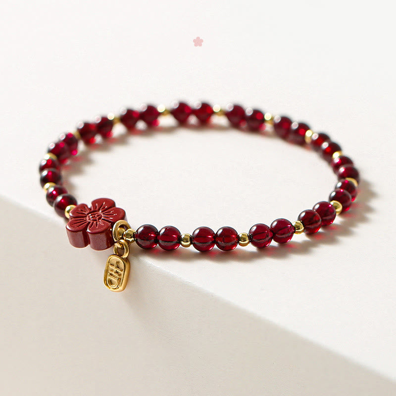 Buddha Stones 14K Gold Plated Natural Garnet Cinnabar Flower Calm Bracelet