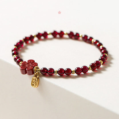Buddha Stones 14K Gold Plated Natural Garnet Cinnabar Flower Calm Bracelet
