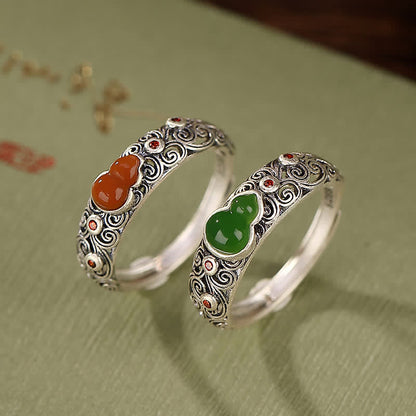 Buddha Stones 925 Sterling Silver Red Agate Cyan Jade Gourd Blessing Auspicious Ring