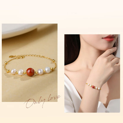 Buddha Stones 925 Sterling Silver Pearl Cinnabar Healing Bead Chain Bracelet