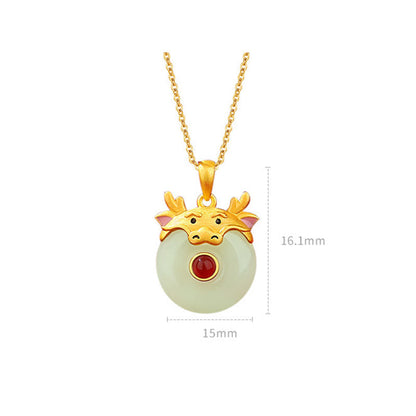 Buddha Stones 925 Sterling Silver Hetian Jade Chinese Zodiac Year of the Dragon Red Agate Luck Protection Necklace Pendant