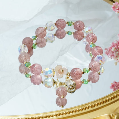 Buddha Stones Strawberry Quartz Rutilated Quartz Fluorite Flower Healing Bracelet
