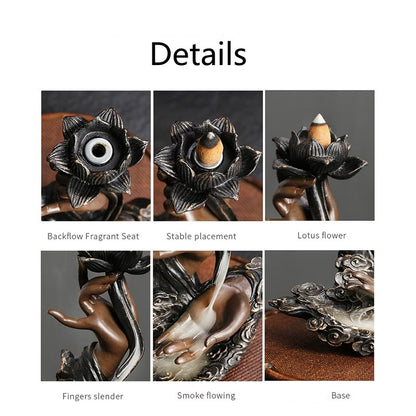 Buddha Stones Lotus Buddha Hand Auspicious Clouds Pattern Meditation Resin Backflow Incense Burner