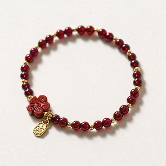 Buddha Stones 14K Gold Plated Natural Garnet Cinnabar Flower Calm Bracelet