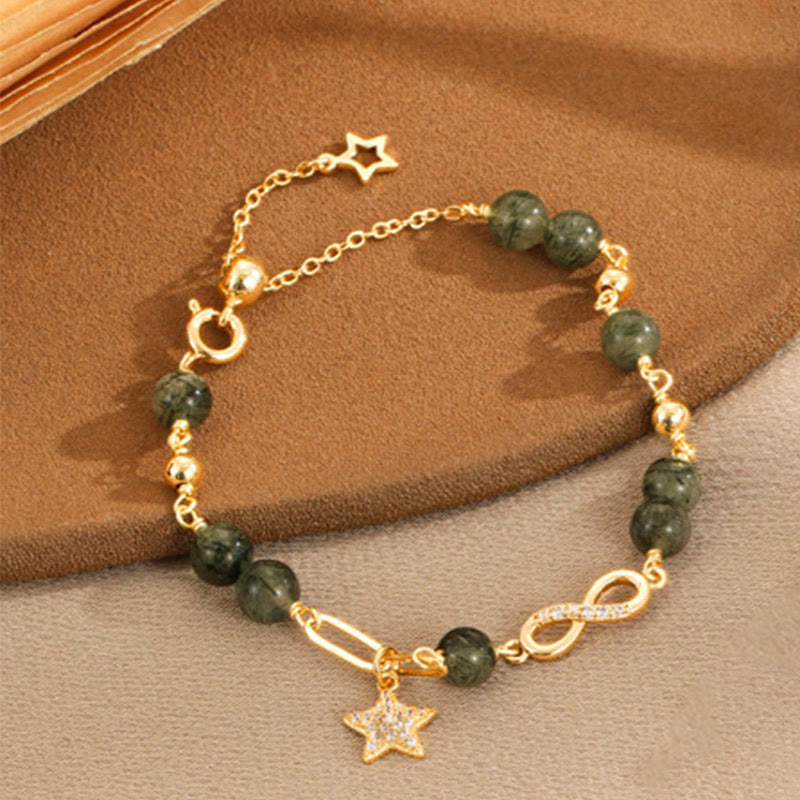Buddha Stones 14k Gold Plated Copper Green Rutilated Quartz Möbius Loop Eternal Love Star Protection Bracelet
