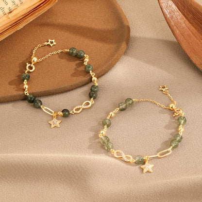 Buddha Stones 14k Gold Plated Copper Green Rutilated Quartz Möbius Loop Eternal Love Star Protection Bracelet