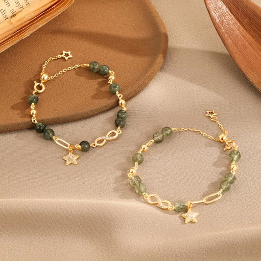 Buddha Stones 14k Gold Plated Copper Green Rutilated Quartz Möbius Loop Eternal Love Star Protection Bracelet