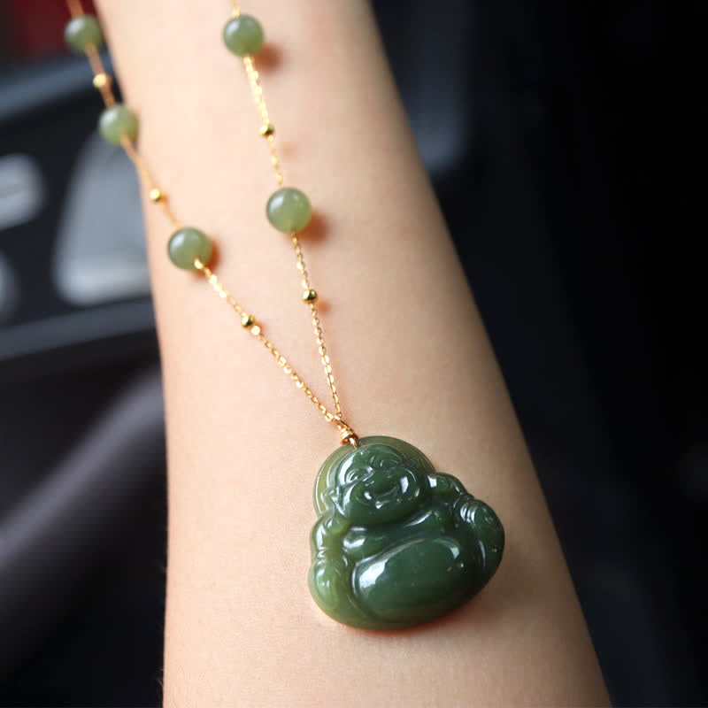 Buddha Stones Laughing Buddha Hetian Jade Luck Necklace Bead Chain Pendant