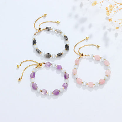 Buddha Stones Amethyst Pink Crystal Black Rutilated Quartz Spiritual Awareness Bracelet