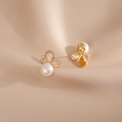 Buddha Stones 18k Gold Plated Pearl Butterfly Love Freedom Stud Earrings
