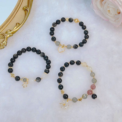 Buddha Stones Natural Silver Sheen Obsidian Love Heart Star Flower Protection Bracelet (Extra 30% Off | USE CODE: FS30)