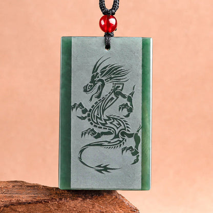 Buddha Stones Hetian Cyan Jade Dragon Engraved Success Necklace Pendant