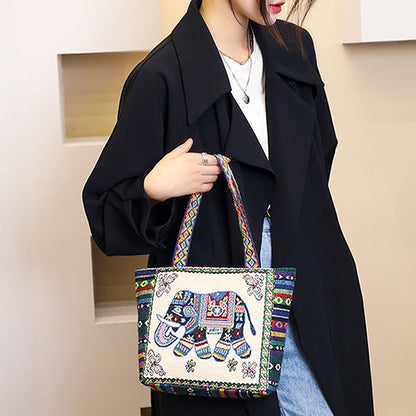 Buddha Stones Elephant Butterfly Embroidered Large Capacity Canvas Tote Bag Shoulder Bag