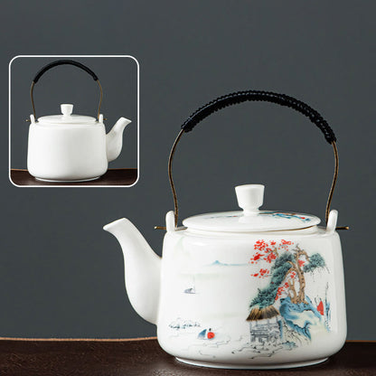 Buddha Stones Vintage Dragon Mountain Fisherman Landscape White Porcelain Ceramic Kung Fu Teapot