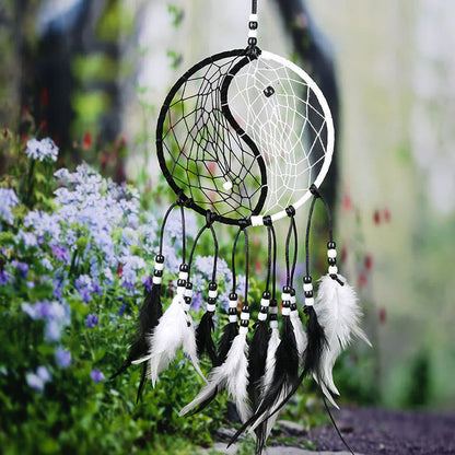 Buddha Stones Yin Yang  Dream Catcher Circular Net with Feathers Balance Decoration