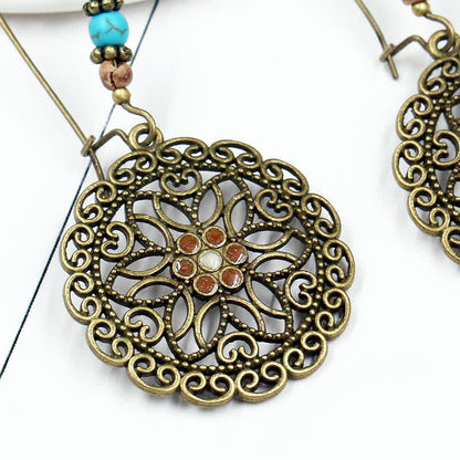 Buddha Stones Round Flower Design Luck Dangle Drop Earrings