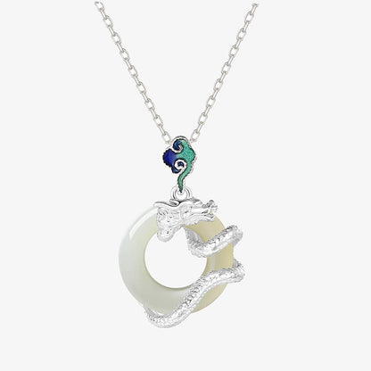 Buddha Stones Year Of The Dragon 925 Sterling Silver Hetian White Jade Peace Buckle Auspicious Clouds Success Necklace Pendant