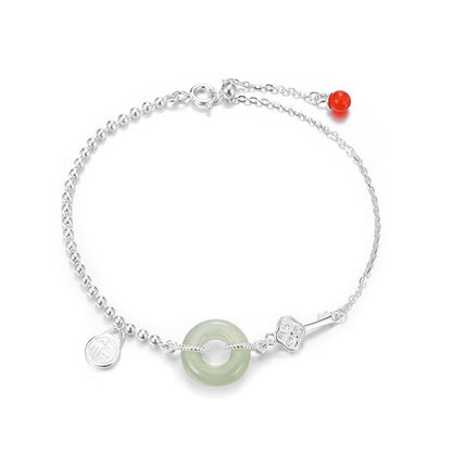 Buddha Stones 925 Sterling Silver Hetian Jade Peace Buckle Fu Character Luck Chain Bracelet