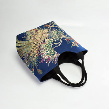 Buddha Stones Peacock Double-sided Embroidery Tote Bag Shoulder Bag Crossbody Bag