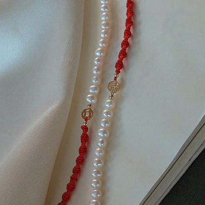 Buddha Stones 14K Gold Plated Pearl Bead Luck Protection Braid Red String Bracelet