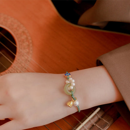 Buddha Stones Natural Hetian Jade Peace Buckle Pearl Luck Handcrafted Braided Bracelet