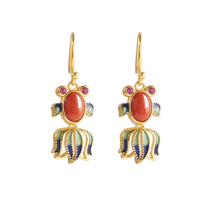 Buddha Stones 925 Sterling Silver Hetian White Jade Red Agate Cute Fish Happiness Drop Earrings